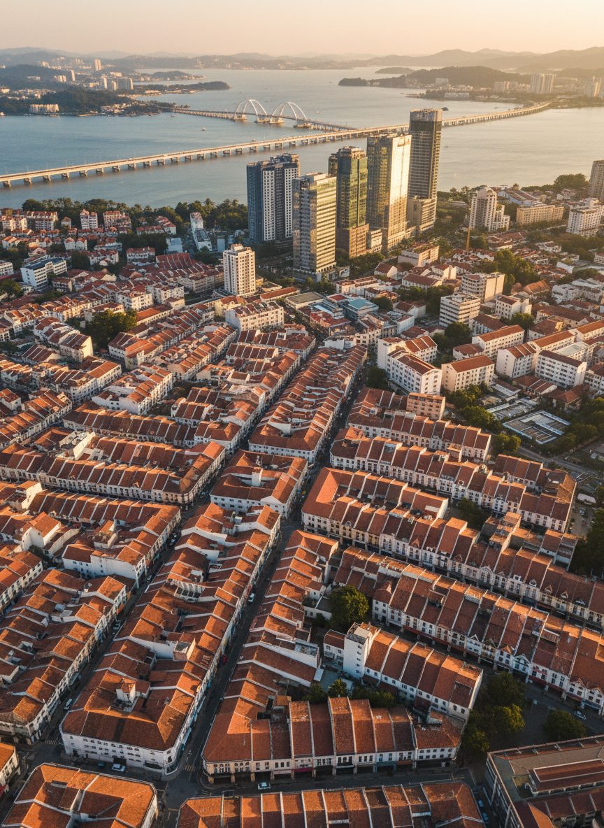 A detailed aerial photographic view of George Town, Penang, focusing on the blend of terracotta-roofed heritage shophouses, a gleaming modern high-rise cluster, and the curve of the Penang Bridge stretching over calm blue water. No vehicles or people are visible, just crisp architectural forms and tidy streets. Soft golden-hour sunlight bathes the cityscape, creating warm highlights on buildings and long, clean shadows that reveal urban texture. The composition uses a wide-angle lens with sharp focus throughout, emphasizing Penang’s mix of tradition and progress. The mood is professional, optimistic, and informative, ideal for a news site’s main category image.