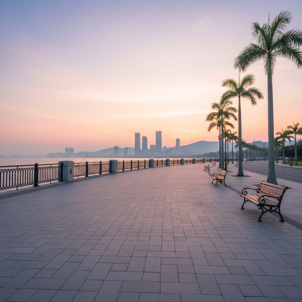 A serene coastal promenade scene at Gurney Drive, empty of people, with a continuous stone walkway leading the eye toward the distant Penang skyline and faint outline of hills. The calm sea reflects soft pastel tones of an early morning sky, while orderly rows of palm trees line the promenade, their fronds gently detailed. Diffused sunrise light creates a delicate gradient in the sky and light, clean shadows from benches and railings. Shot at eye level with a wide horizontal composition and photographic realism, the image conveys calm urban coastal living, ideal for wellness, lifestyle, and travel coverage for a Penang-focused news site.