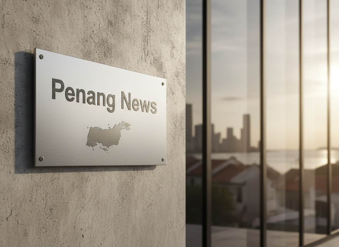 A polished stainless-steel street sign reading “Penang News” mounted on a textured concrete wall, with a subtle outline of Penang Island embossed in the metal beneath the text. The sign is positioned next to a modern glass façade that reflects a coastal skyline and faint silhouettes of heritage shophouse roofs, all without any visible people. Late-afternoon natural light casts clean, directional shadows along the wall, emphasizing edges and engraved details. Captured at eye level with a slightly off-center composition using photographic realism, the background falls into a gentle bokeh, creating a professional, credible newsroom atmosphere suited for a local Penang news portal.