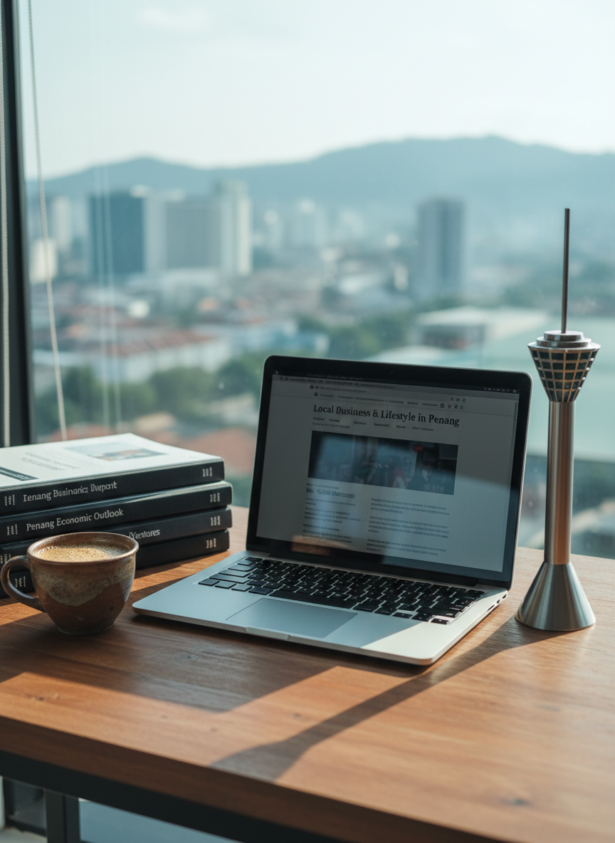 A carefully arranged wooden desk featuring an open silver laptop displaying a blurred news homepage with the headline “Local Business & Lifestyle in Penang” faintly readable. Beside it lies a neat stack of local business reports, a ceramic cup of tarik tea, and a small model of Komtar Tower in brushed metal, symbolizing Penang commerce. The setup is near a large window overlooking a soft-focus city skyline with distant hills. Cool morning daylight streams in, creating crisp reflections on the laptop and gentle shadows on the wood grain. Photographic realism, shot from a slightly elevated angle with shallow depth of field, delivers a calm, trustworthy, and professional editorial workspace aesthetic.
