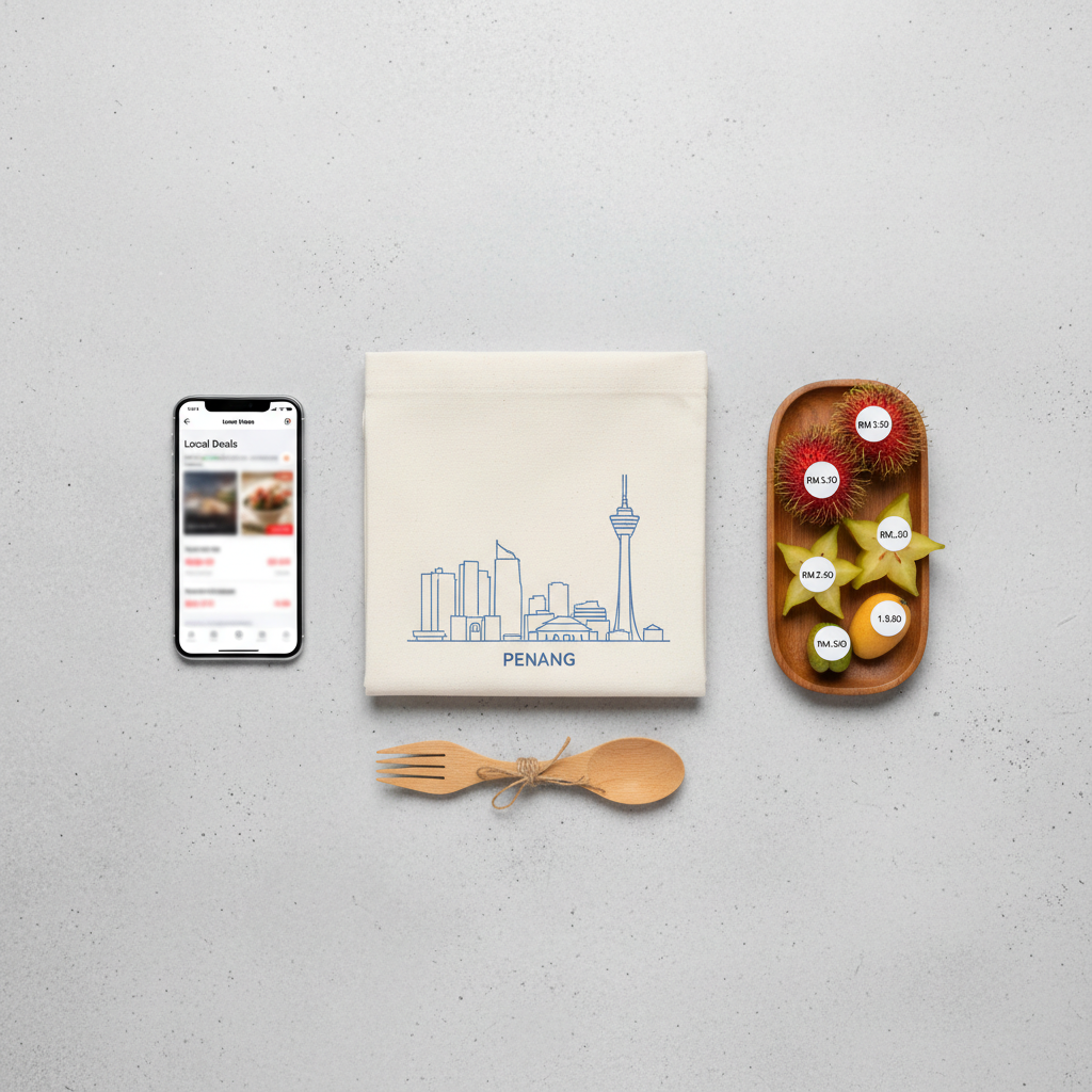 A minimalist flat-lay composition designed for consumer and lifestyle news in Penang, featuring a neatly arranged collection of objects on a light concrete surface: a folded reusable shopping bag with a subtle Penang skyline pattern, a sleek smartphone showing a blurred “Local Deals” interface, a pair of eco-friendly bamboo utensils, and a small tray of tropical fruits labeled with discrete price tags. Soft, diffused studio lighting eliminates harsh shadows, creating a clean, modern look. Shot from directly above with photographic realism and precise, sharp focus, the arrangement feels organized, trustworthy, and contemporary, ideal for consumer advice and retail trend stories focused on Penang.