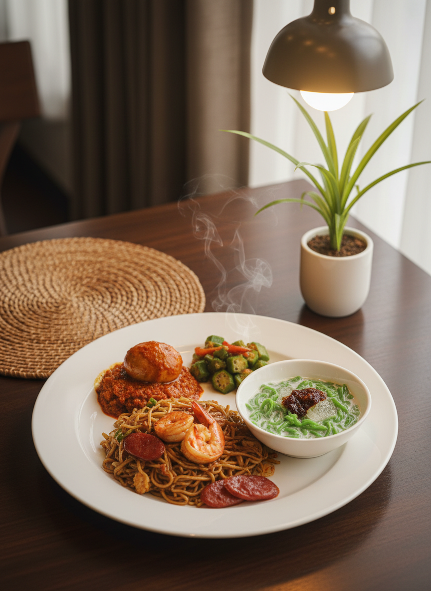 An immaculate white porcelain plate showcasing a colorful Penang food spread arranged for a lifestyle feature: char kway teow, nasi kandar side dishes, and a small bowl of cendol dessert, stylized to avoid any visible human interaction. The plate rests on a dark wooden table beside a woven rattan placemat and a small potted pandan plant. Soft overhead pendant lighting and side window light combine to create natural-looking highlights on the glossy sauces and steam, with subtle shadows defining texture. Captured at a three-quarter angle with shallow depth of field and photographic realism, the scene feels vibrant yet composed, perfectly suited for a Penang food and travel news section.