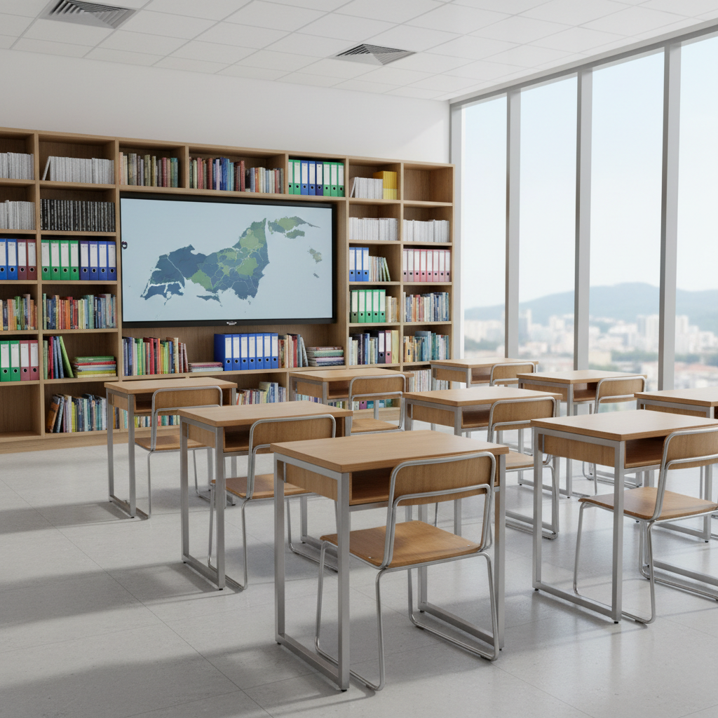 A modern Penang classroom interior arranged for an education news article, completely empty yet ready for students. Neatly aligned wooden desks with sleek metal legs face a large digital smartboard displaying a muted, abstract map of Penang Island. Colorful, well-organized bookshelves line the side wall, while large windows reveal a soft-focus cityscape with the faint silhouette of Penang Hill. Bright, diffused daylight fills the room, reflecting off polished tile floors and creating gentle, orderly shadows under the desks. Photographic realism, shot from a slightly elevated corner angle with sharp focus throughout, creates a professional, optimistic atmosphere emphasizing learning and progress in Penang.